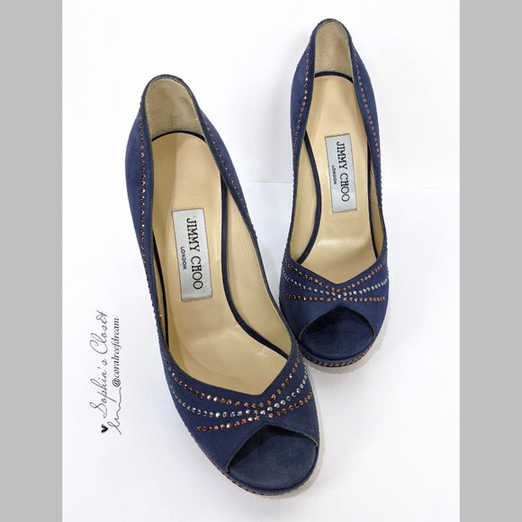 Jimmy Choo Blue Studded Suede Peep Toe High Heel - Picture 3 of 10